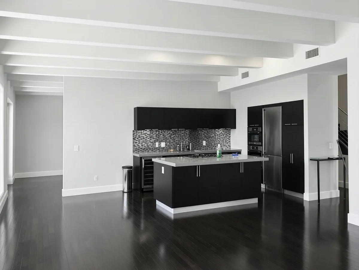Matte black kitchen cabinets and island in a satin cabinet enamel