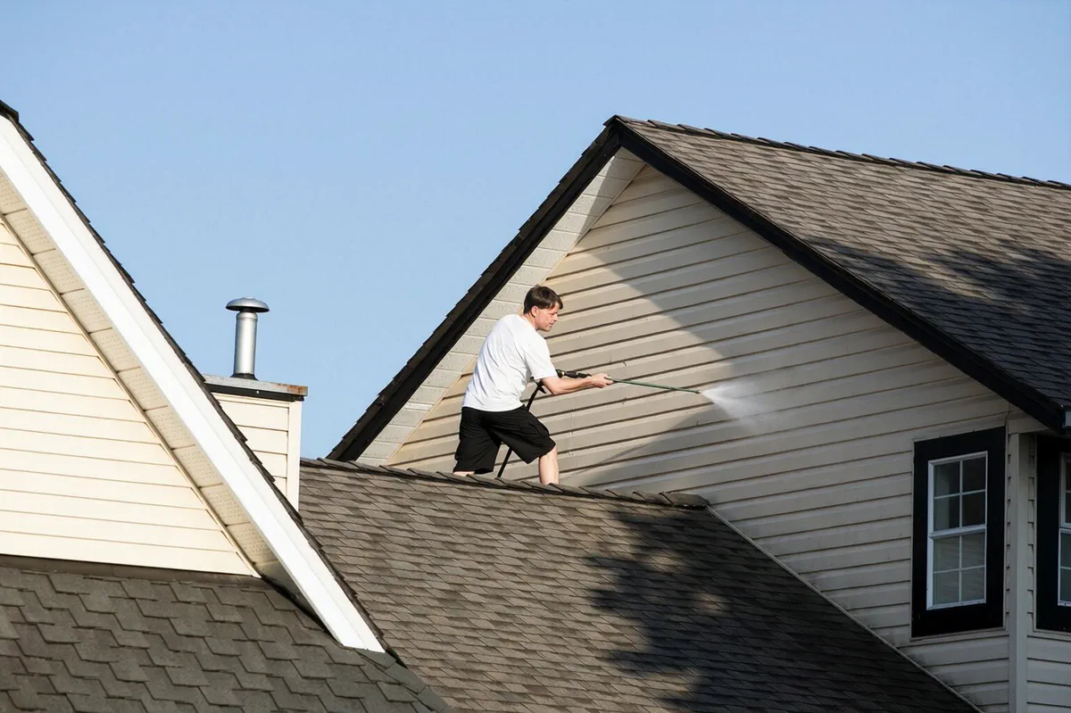 Pressure washing house siding to prepare the surface for repainting