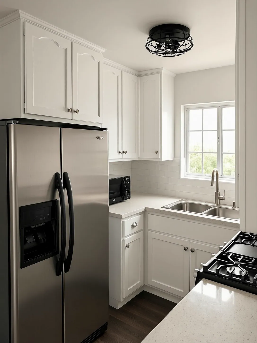 White shaker kitchen cabinets with brass hardware and a sprayed finish